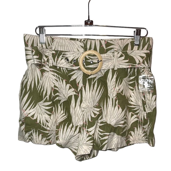 TAHARI Tan & Green Palm Leave Print High Waisted Linen Shorts with Belt L NWT - Picture 2 of 6